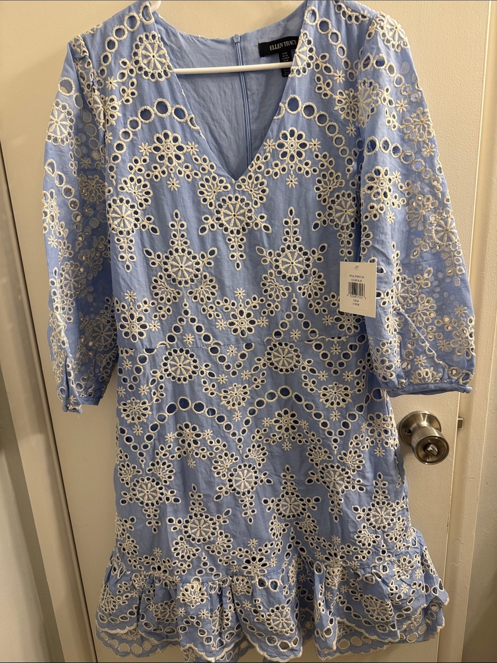 Ellen Tracy Light Blue Eyelet Cutwork V-Neck Dress
